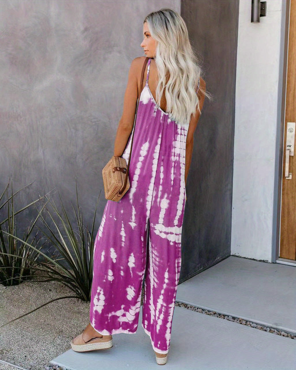Women's Casual Tie-Dye Cami Jumpsuit - Sexy Wide Leg, Sleeveless, Vibrant Orange and Brown Print, Perfect for Spring/Summer/Fall