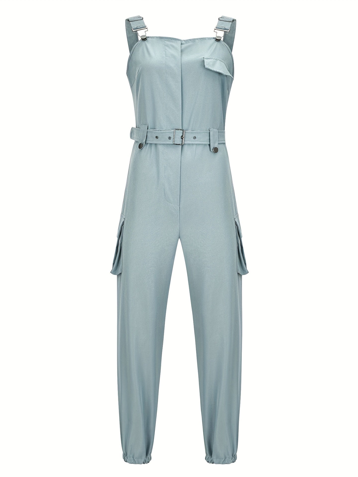 Flap Pockets Belted Overall Jumpsuit, Casual Overall Jumpsuit For Spring & Summer, Women's Clothing