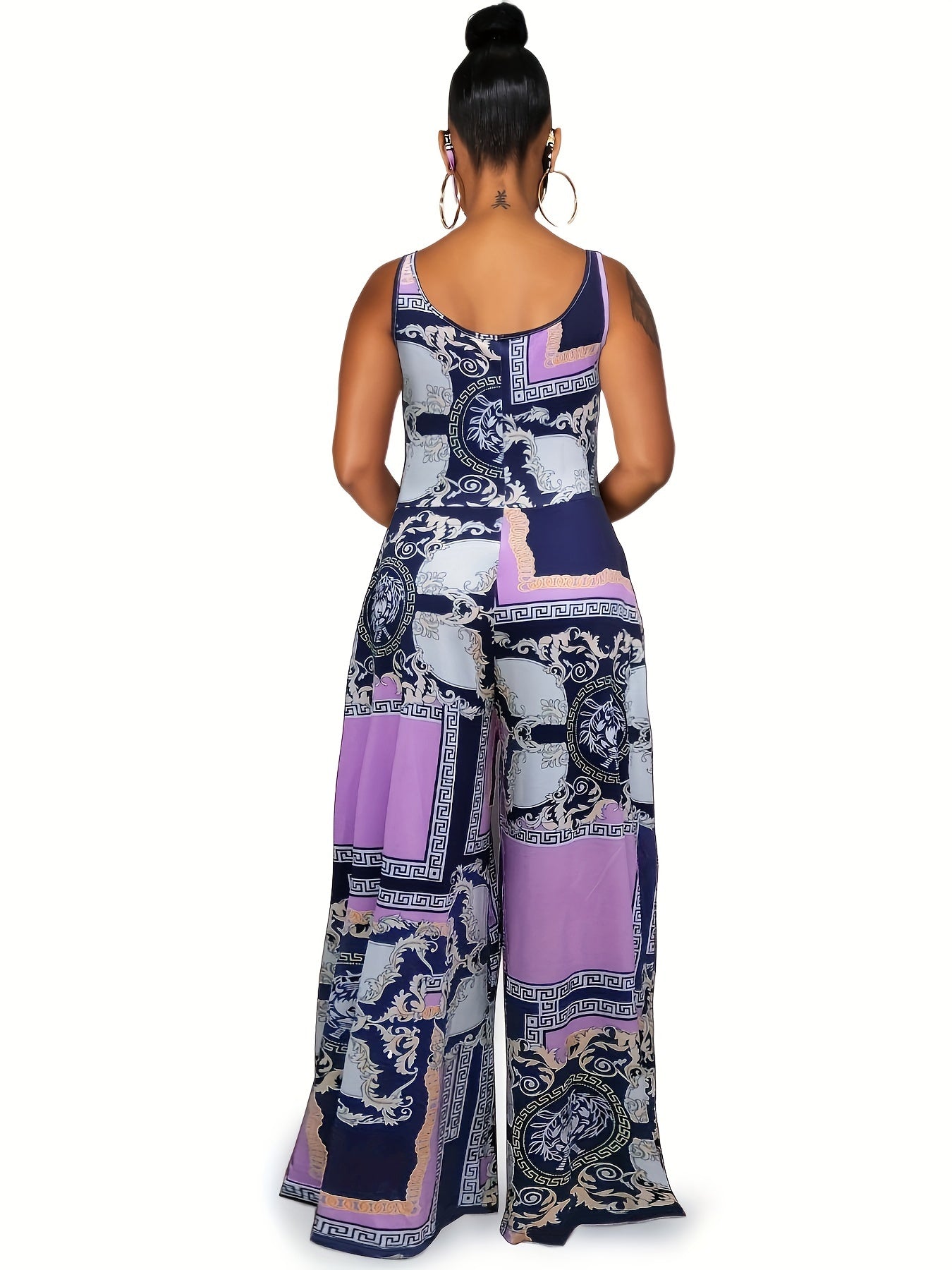 Romantic Baroque Floral Jumpsuit - Bohemian Chic Crew Neck Sleeveless - Wide Leg Womens Fashion Must-Have