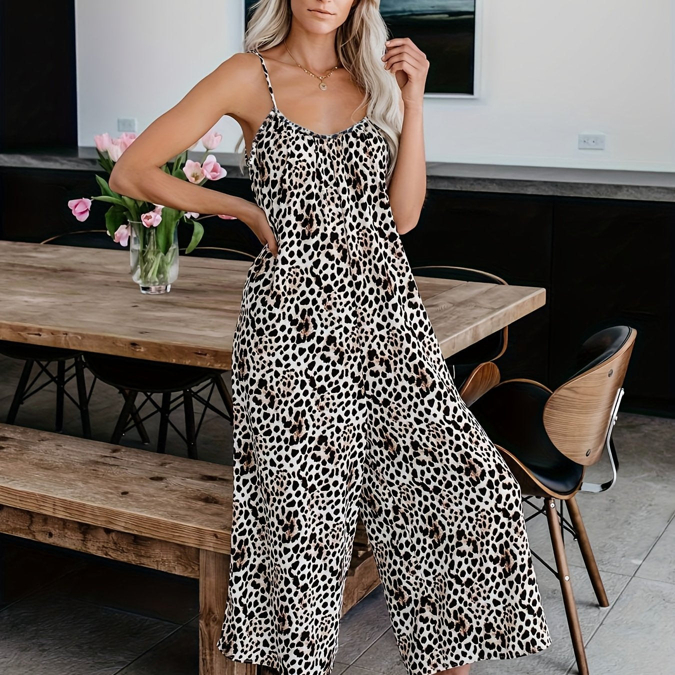 Women's Casual Tie-Dye Cami Jumpsuit - Sexy Wide Leg, Sleeveless, Vibrant Orange and Brown Print, Perfect for Spring/Summer/Fall