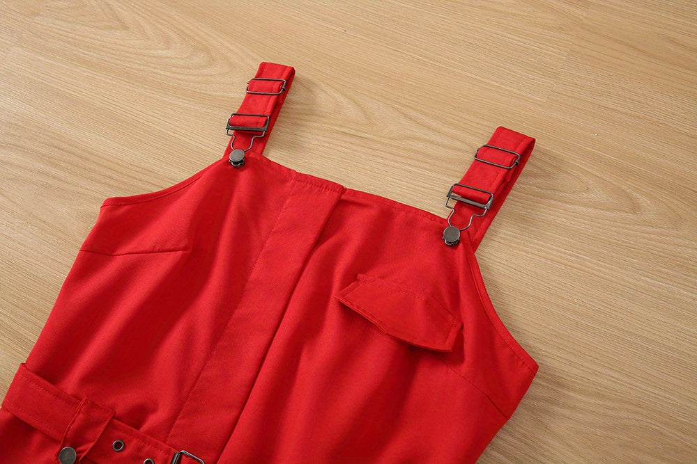 Flap Pockets Belted Overall Jumpsuit, Casual Overall Jumpsuit For Spring & Summer, Women's Clothing