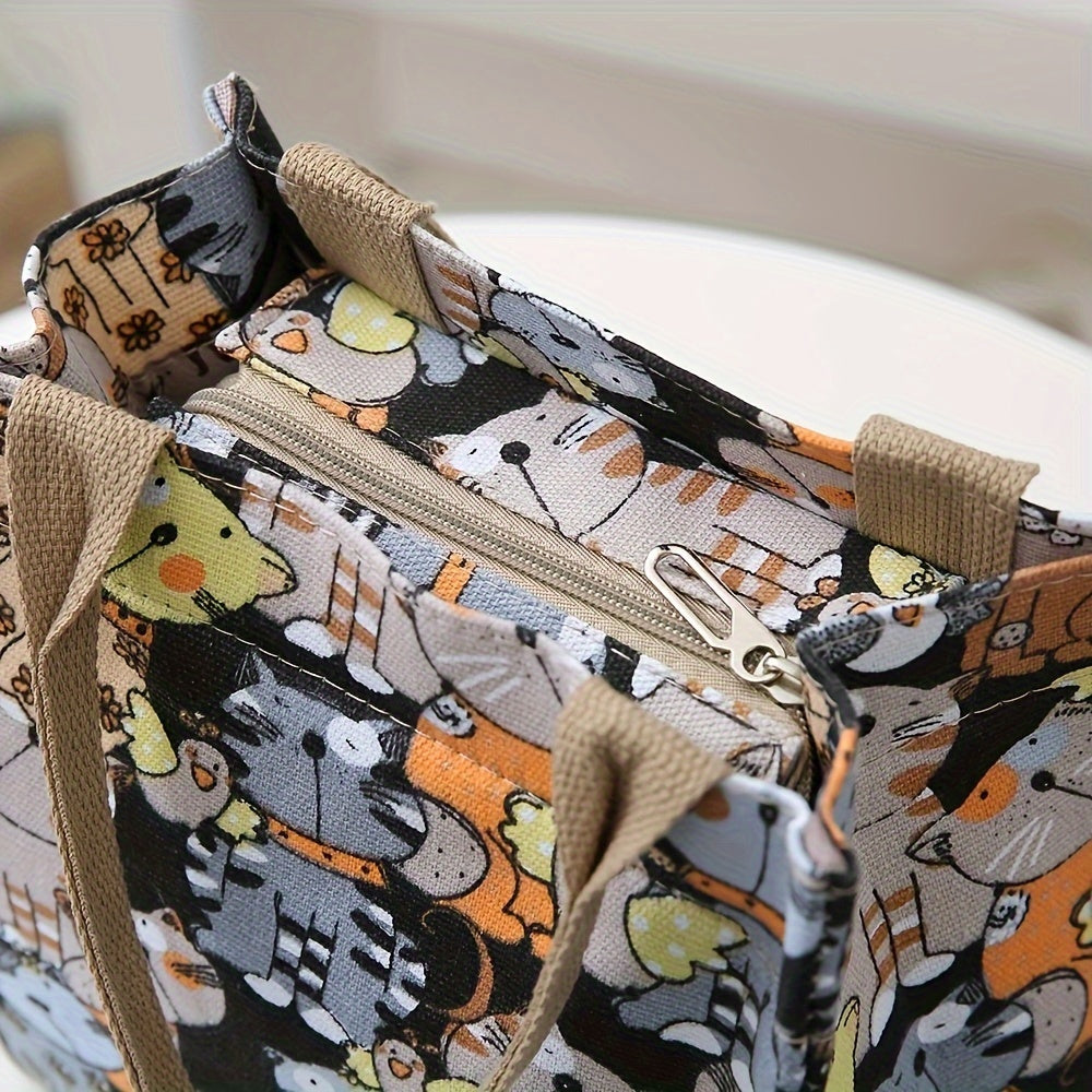 Cartoon Canvas Handbags with Cat Print for Work & School