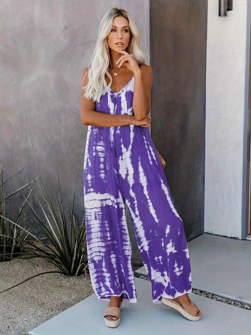 Women's Casual Tie-Dye Cami Jumpsuit - Sexy Wide Leg, Sleeveless, Vibrant Orange and Brown Print, Perfect for Spring/Summer/Fall