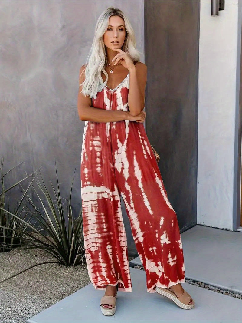Women's Casual Tie-Dye Cami Jumpsuit - Sexy Wide Leg, Sleeveless, Vibrant Orange and Brown Print, Perfect for Spring/Summer/Fall