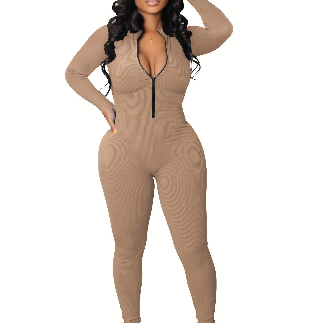 Women's Zip-Front Slim Jumpsuit - Cozy, Stretchy & Chic - Perfect for Spring/Fall