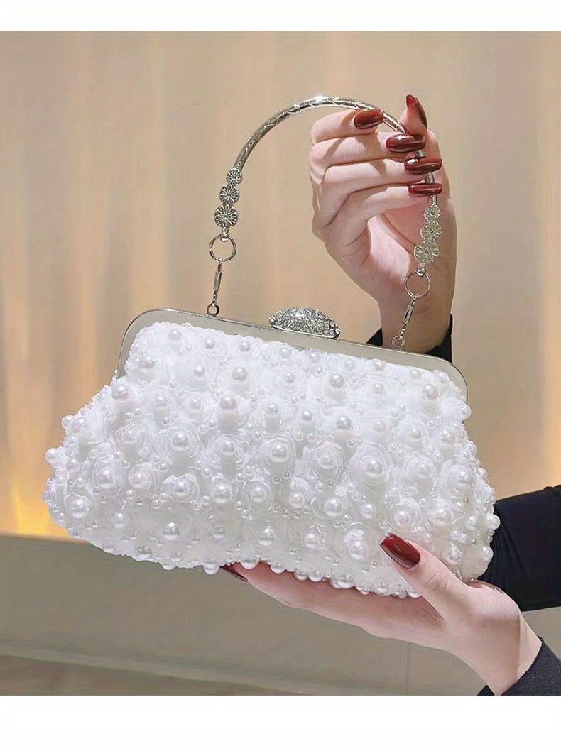 Luxurious Faux Pearl Evening Clutch Bag - 3D Flower Embellished, Top Ring Design, Wedding Bridal Prom Banquet Purse with Elegant Look and Compact Size