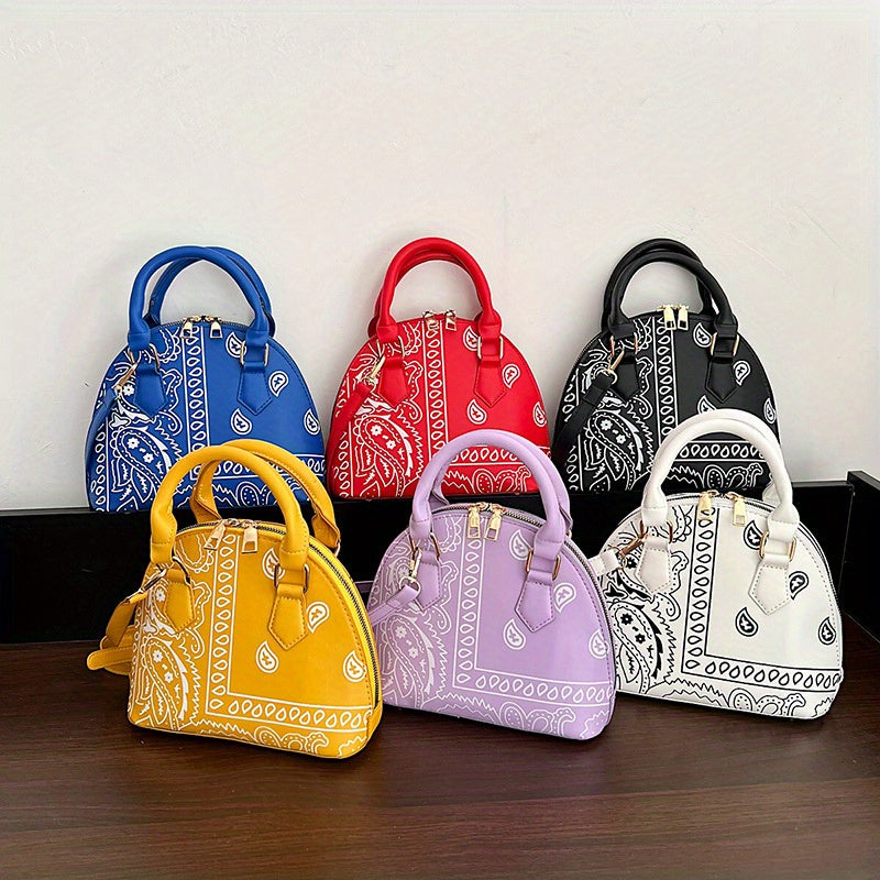 Versatile Dome Shoulder Bag, Portable Double Handle Stylish Handbag, Zipper Faux Leather Trendy Crossbody Bag