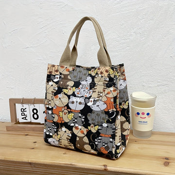 Cartoon Canvas Handbags with Cat Print for Work & School