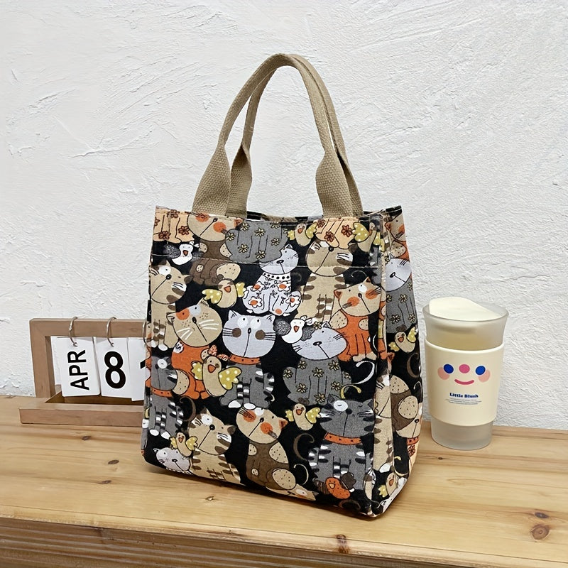 Cartoon Canvas Handbags with Cat Print for Work & School