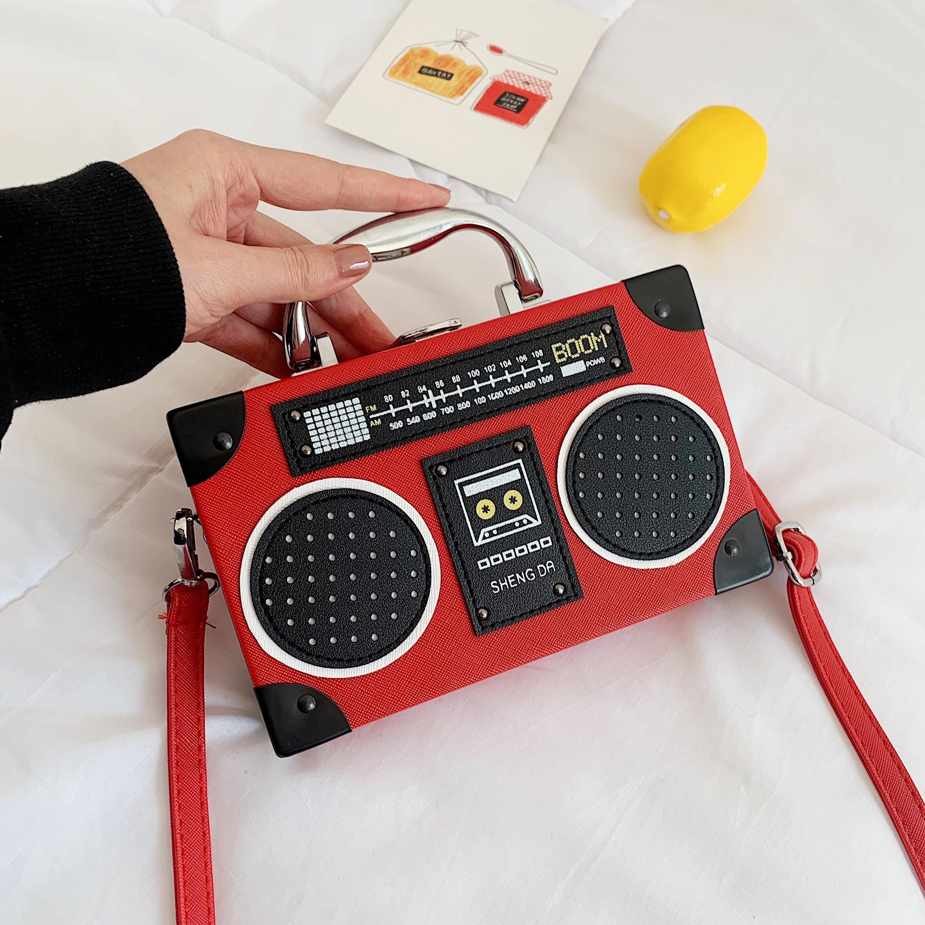 Mini Radio Box Crossbody Bag, PU Leather Textured Novelty Bag, Versatile Fashion Shoulder Bag