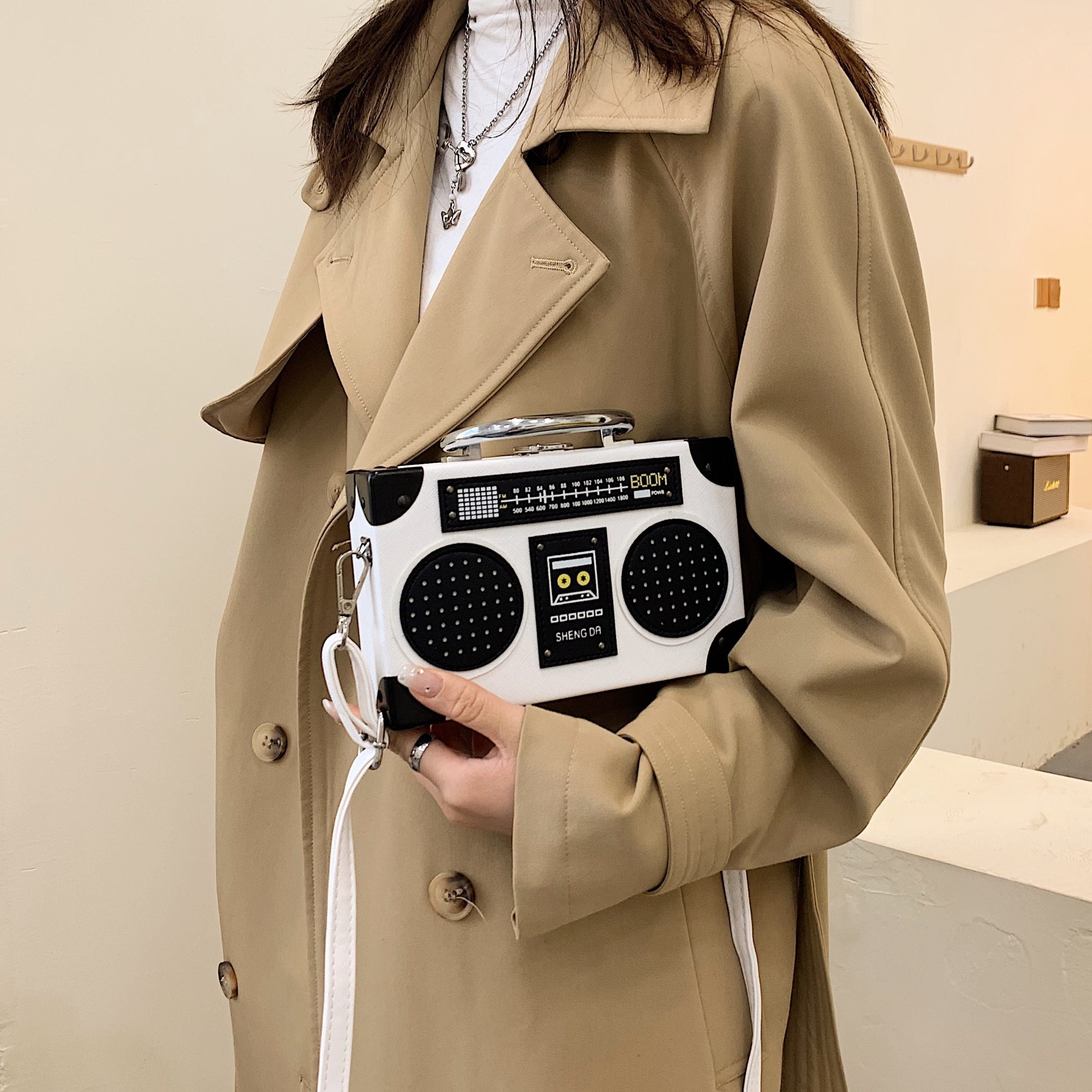 Mini Radio Box Crossbody Bag, PU Leather Textured Novelty Bag, Versatile Fashion Shoulder Bag