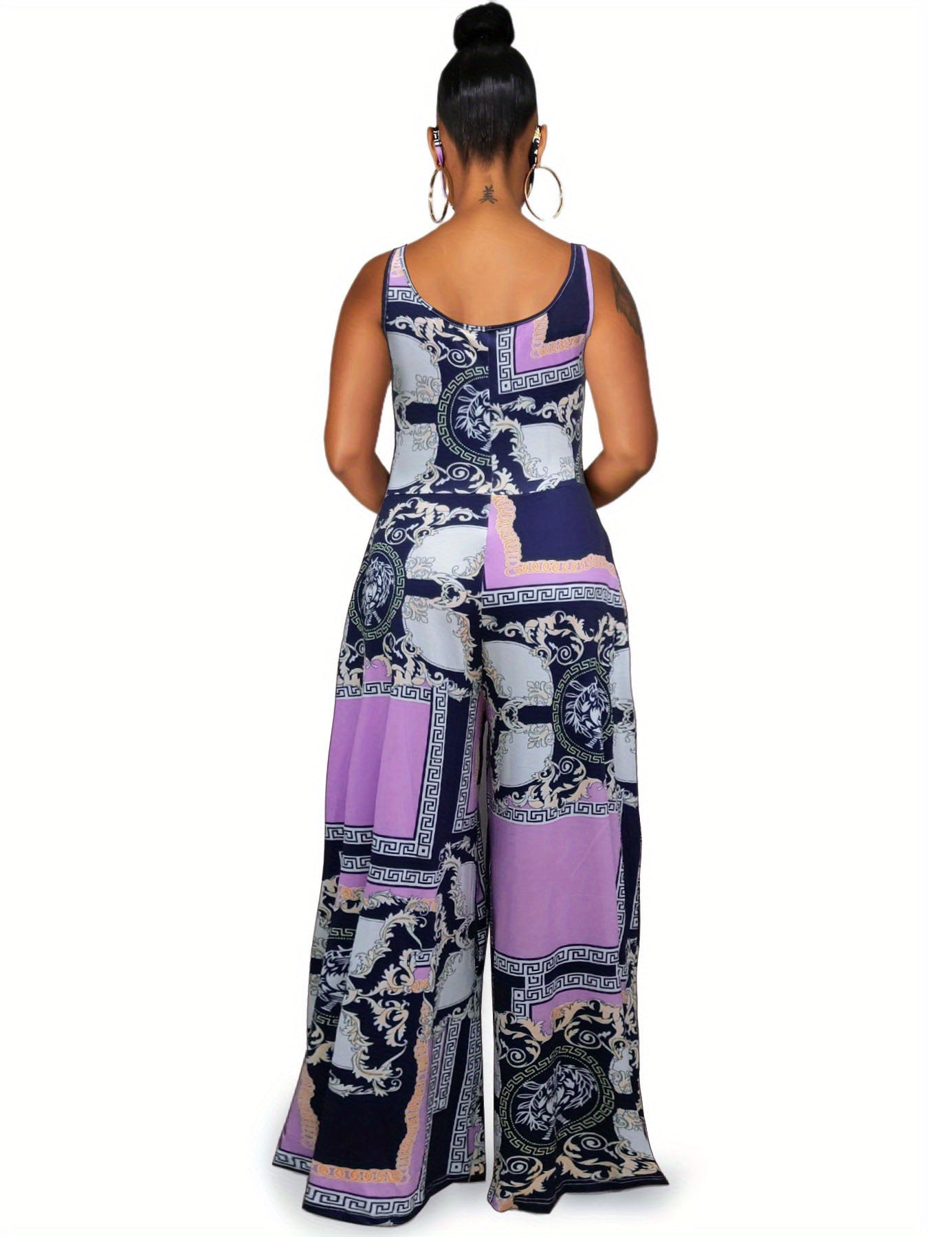 Romantic Baroque Floral Jumpsuit - Bohemian Chic Crew Neck Sleeveless - Wide Leg Womens Fashion Must-Have