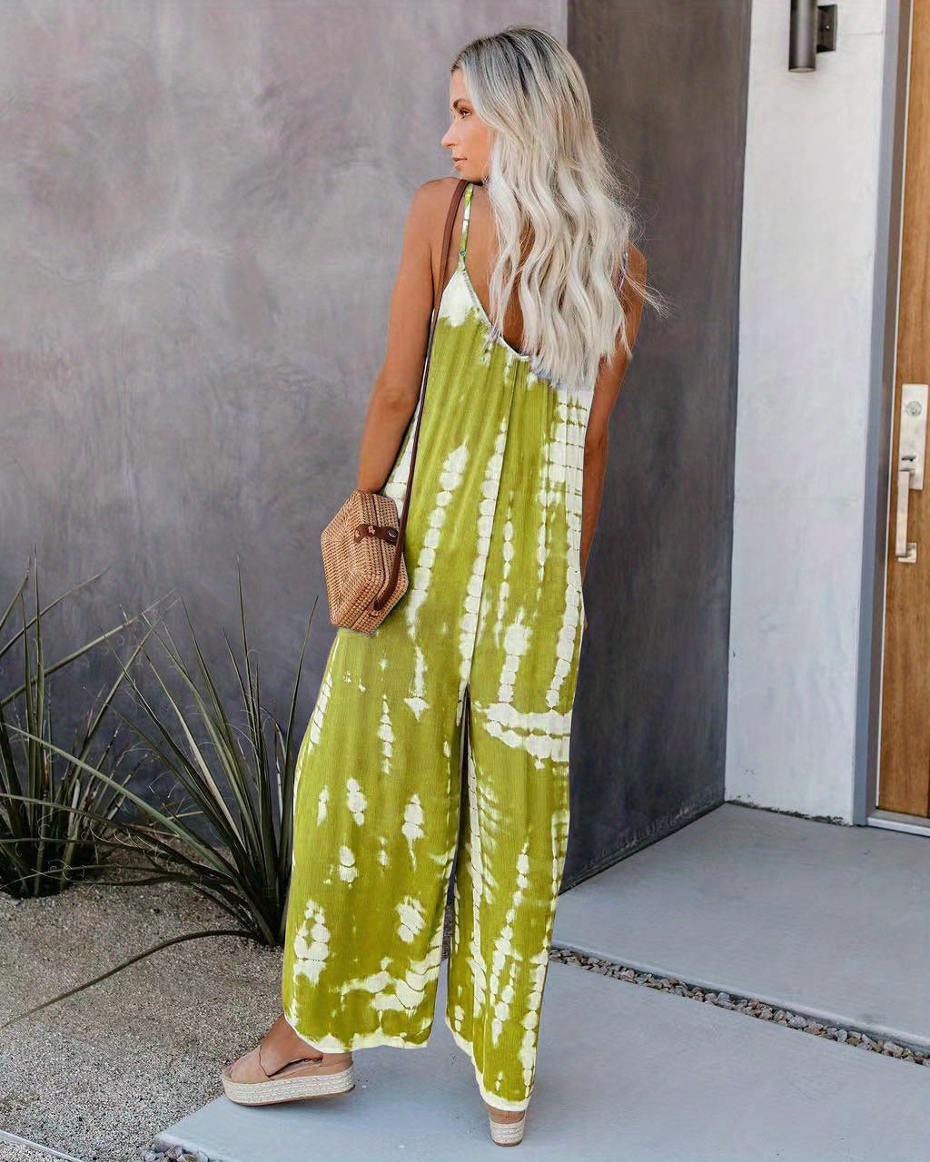 Women's Casual Tie-Dye Cami Jumpsuit - Sexy Wide Leg, Sleeveless, Vibrant Orange and Brown Print, Perfect for Spring/Summer/Fall
