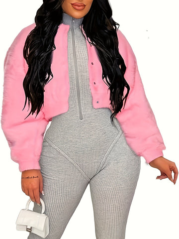 Faux Fur Jacket Women Warm Fluffy Button Crop Coats Casual Outerwear