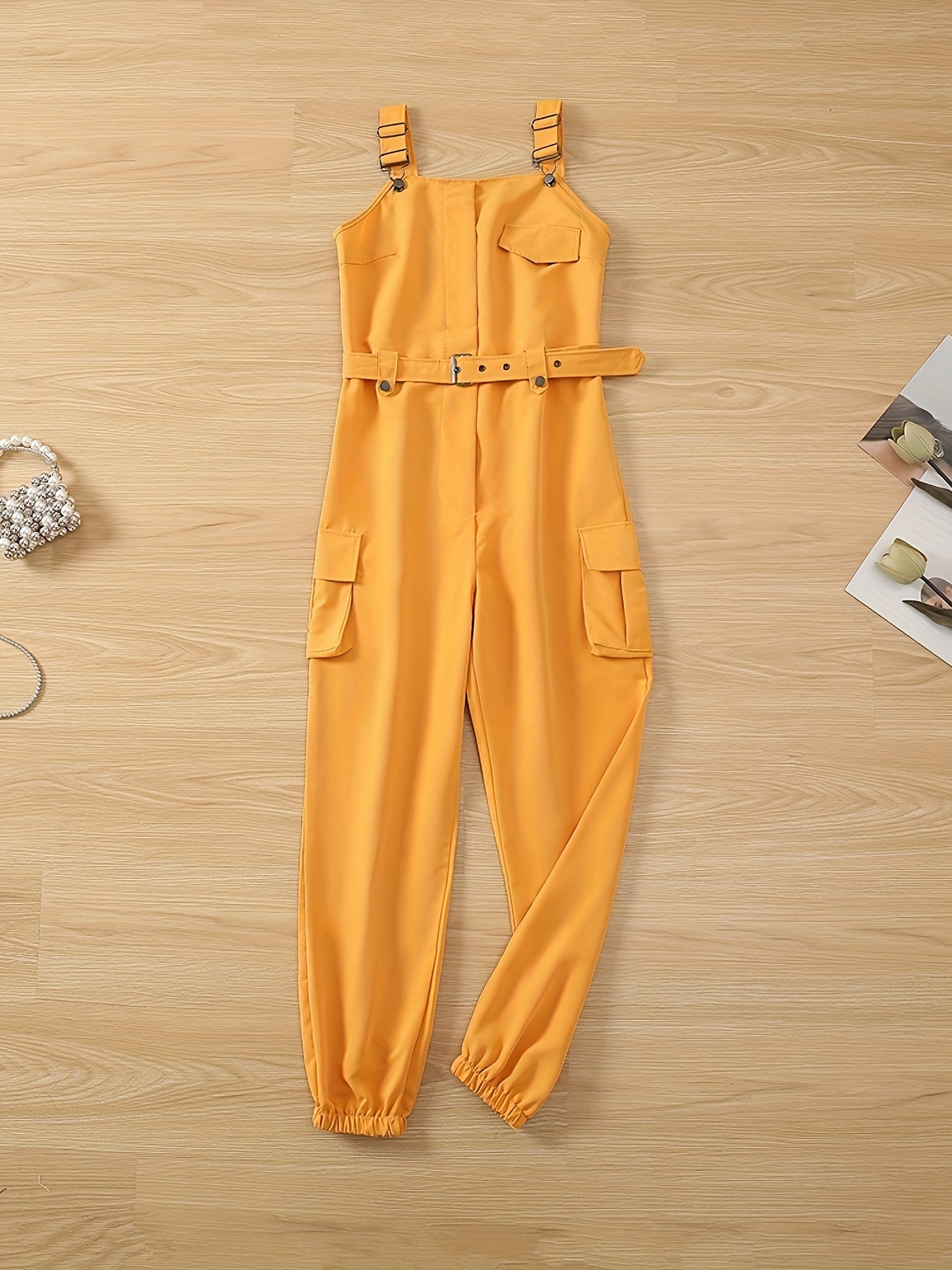 Flap Pockets Belted Overall Jumpsuit, Casual Overall Jumpsuit For Spring & Summer, Women's Clothing
