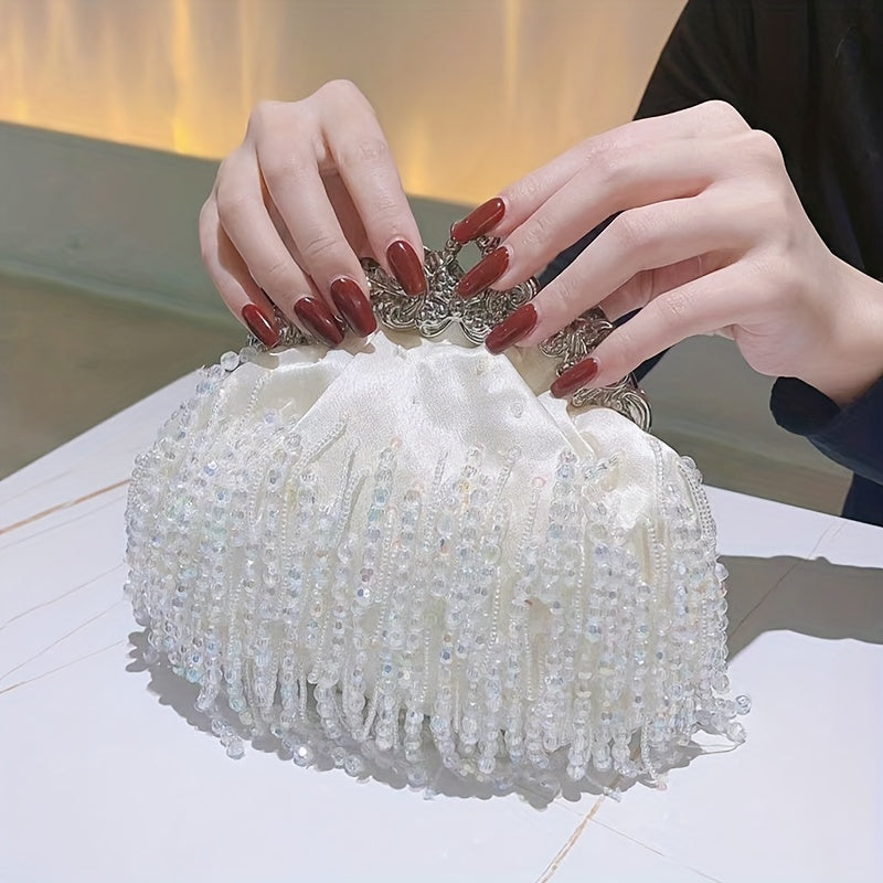 Beaded Crystal Evening Bag For Women, Tassel Decor Kiss Lock Clutch Purse, Elegant Satin Handbags For Wedding Prom Party
