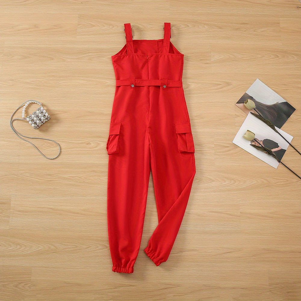 Flap Pockets Belted Overall Jumpsuit, Casual Overall Jumpsuit For Spring & Summer, Women's Clothing