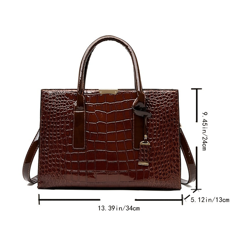 Crocodile Embossed Handbag - Women's Solid Color Shoulder Bag