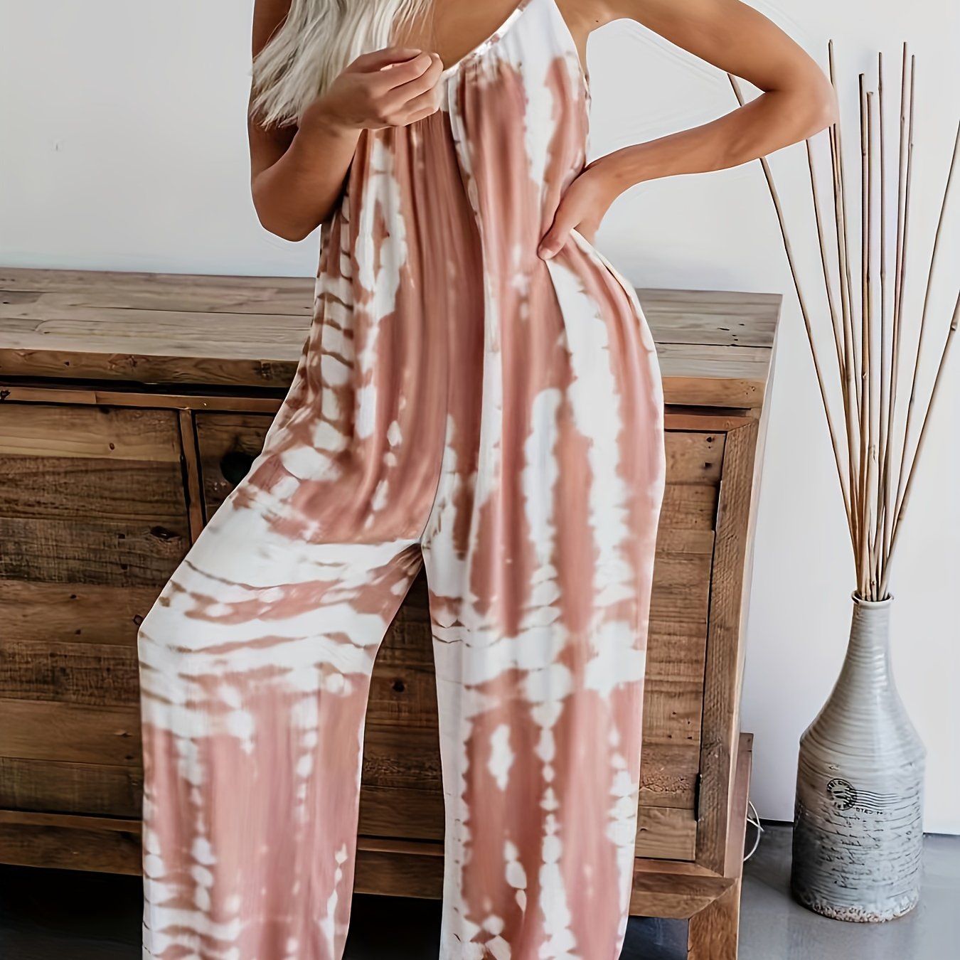 Women's Casual Tie-Dye Cami Jumpsuit - Sexy Wide Leg, Sleeveless, Vibrant Orange and Brown Print, Perfect for Spring/Summer/Fall
