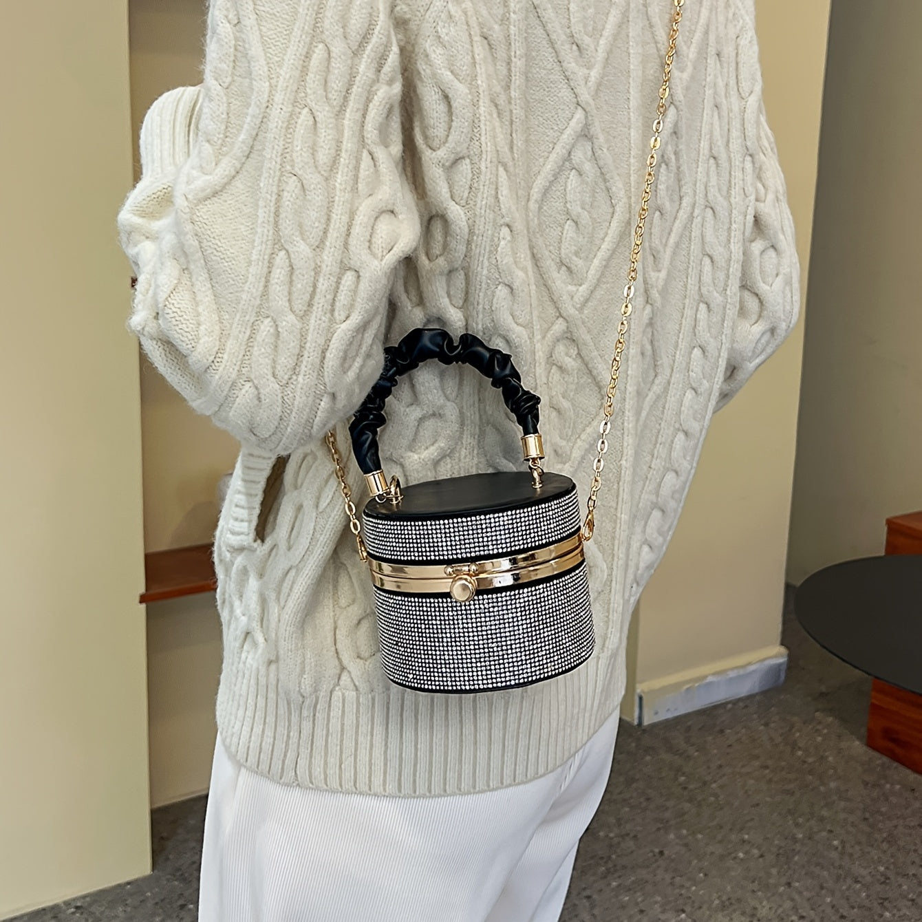 Mini Allover Rhinestone Handbag, Ruched Detail Evening Bucket Bag, Stylish Chain Shoulder Purse For Party Inch - Rhinestone & Chain Detail - Perfect for Evening Events & Parties - Ideal Gift for Women -  For Car