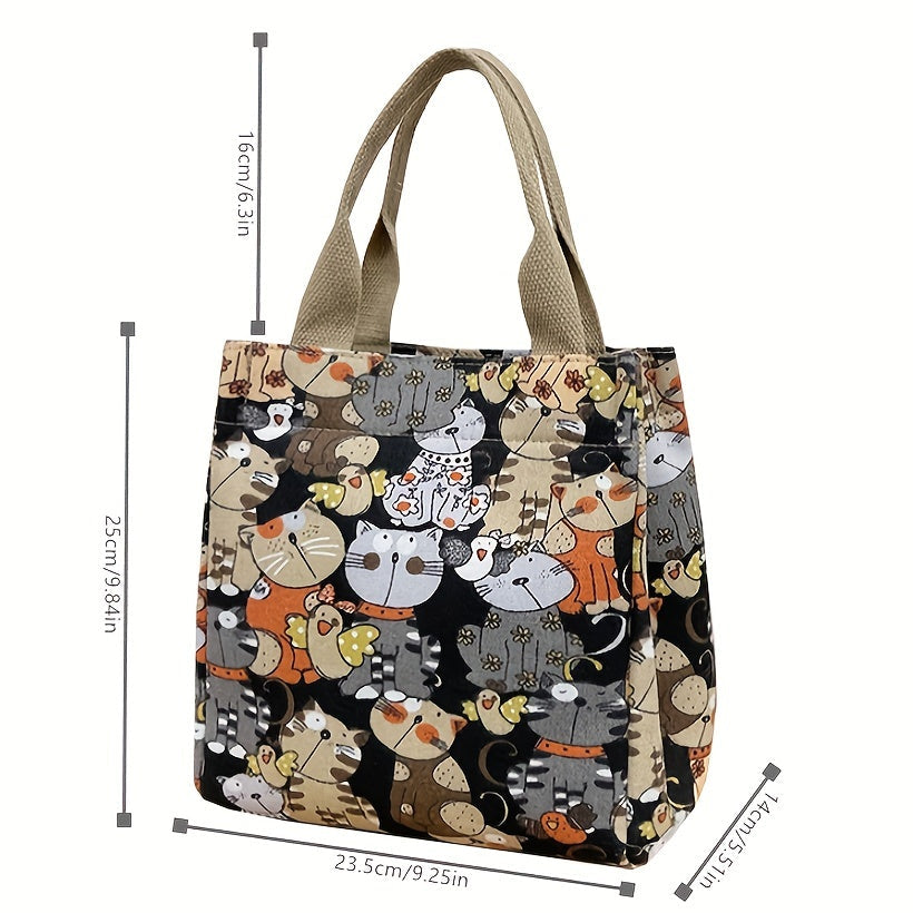 Cartoon Canvas Handbags with Cat Print for Work & School