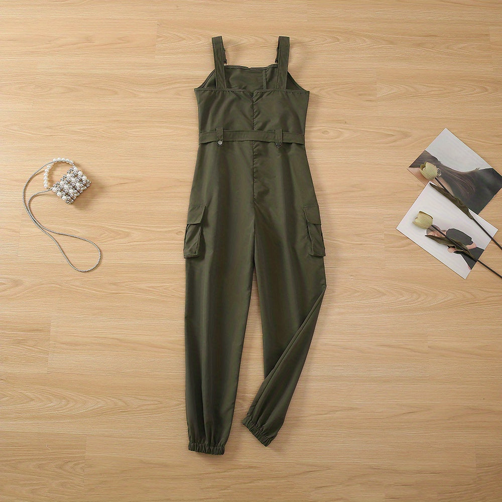 Flap Pockets Belted Overall Jumpsuit, Casual Overall Jumpsuit For Spring & Summer, Women's Clothing