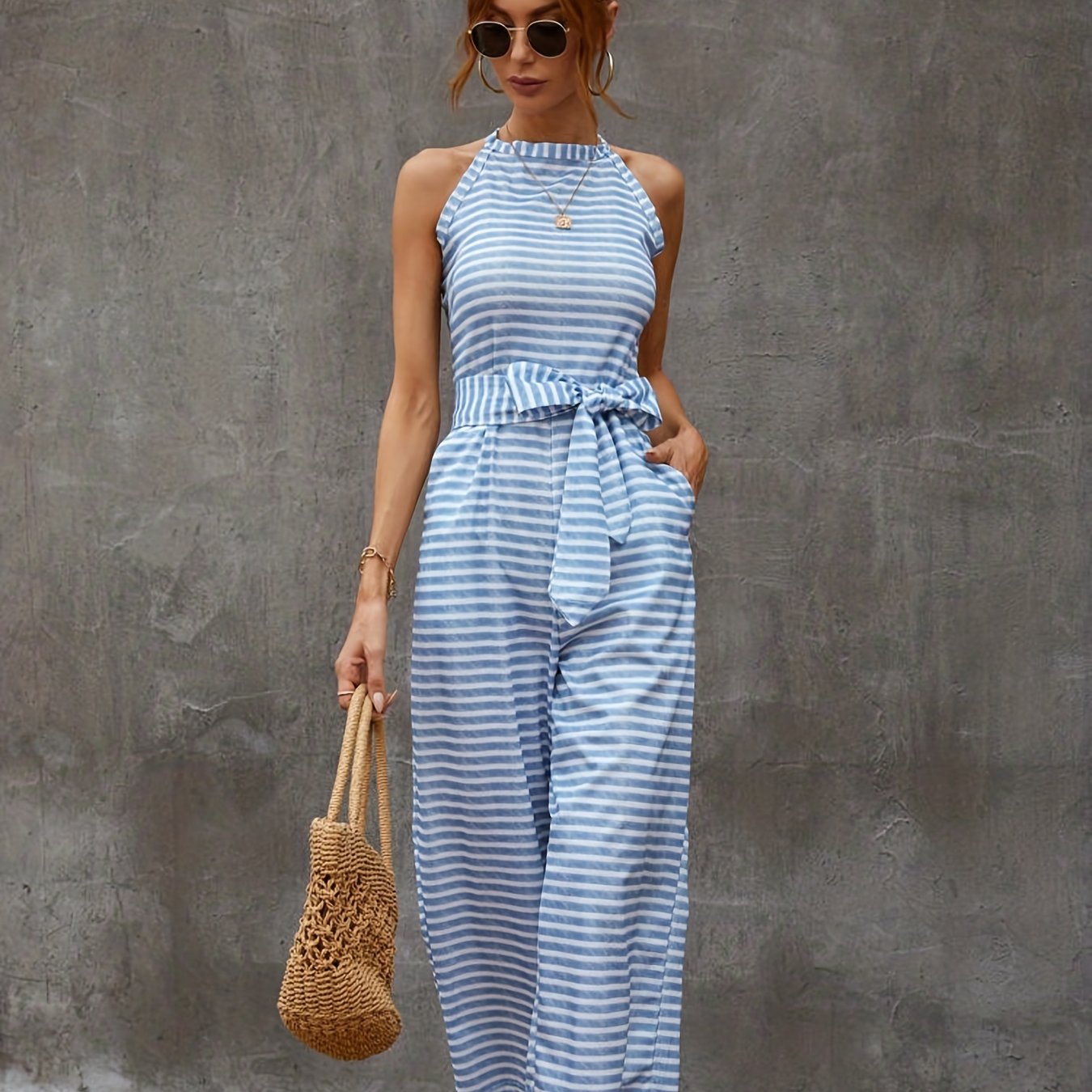 Elegant Striped Midi Jumpsuit with Tie Belt | Sleeveless Wide-Leg Design for Summer Chic | Durable & Easy-Care Knit