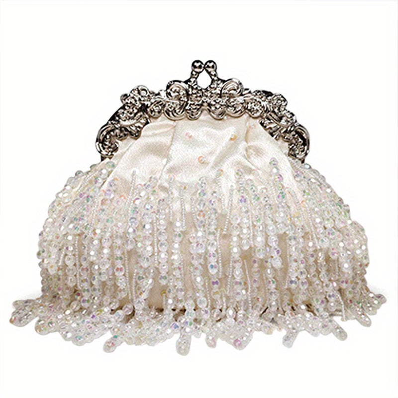 Beaded Crystal Evening Bag For Women, Tassel Decor Kiss Lock Clutch Purse, Elegant Satin Handbags For Wedding Prom Party