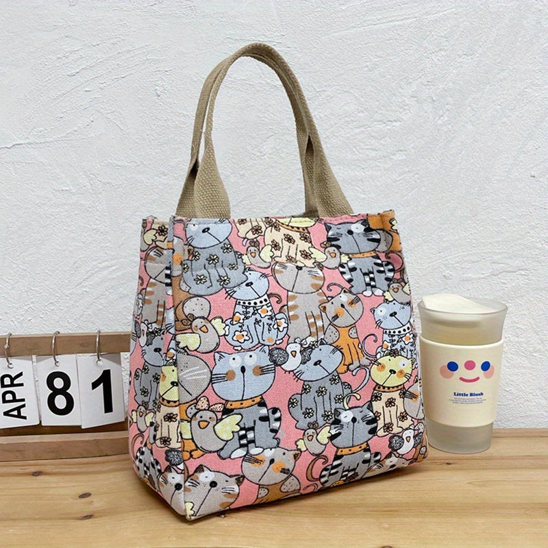 Cartoon Canvas Handbags with Cat Print for Work & School