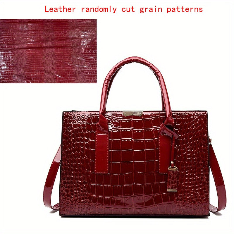Crocodile Embossed Handbag - Women's Solid Color Shoulder Bag