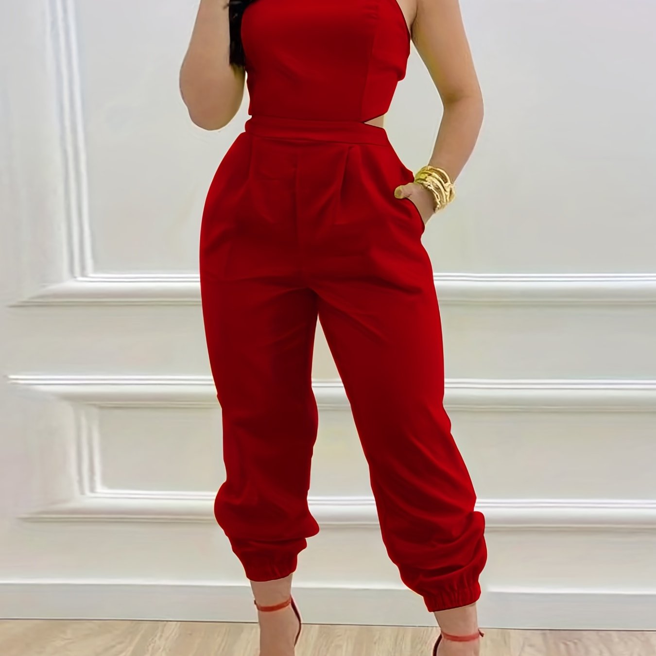 Chic Backless Jumpsuit with Slant Pockets - Casual Women's Wear