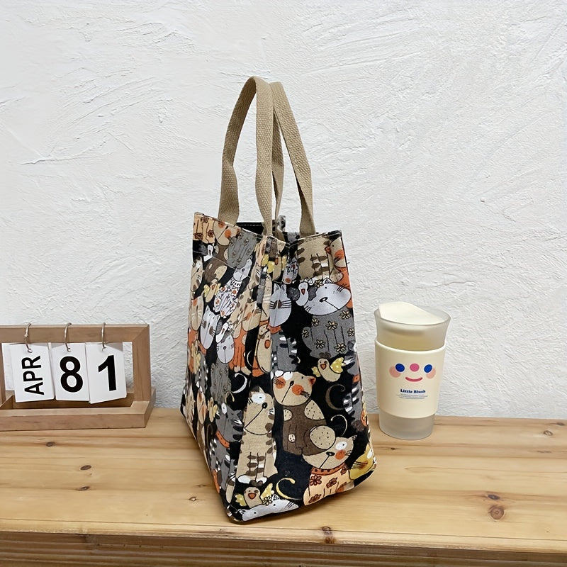 Cartoon Canvas Handbags with Cat Print for Work & School