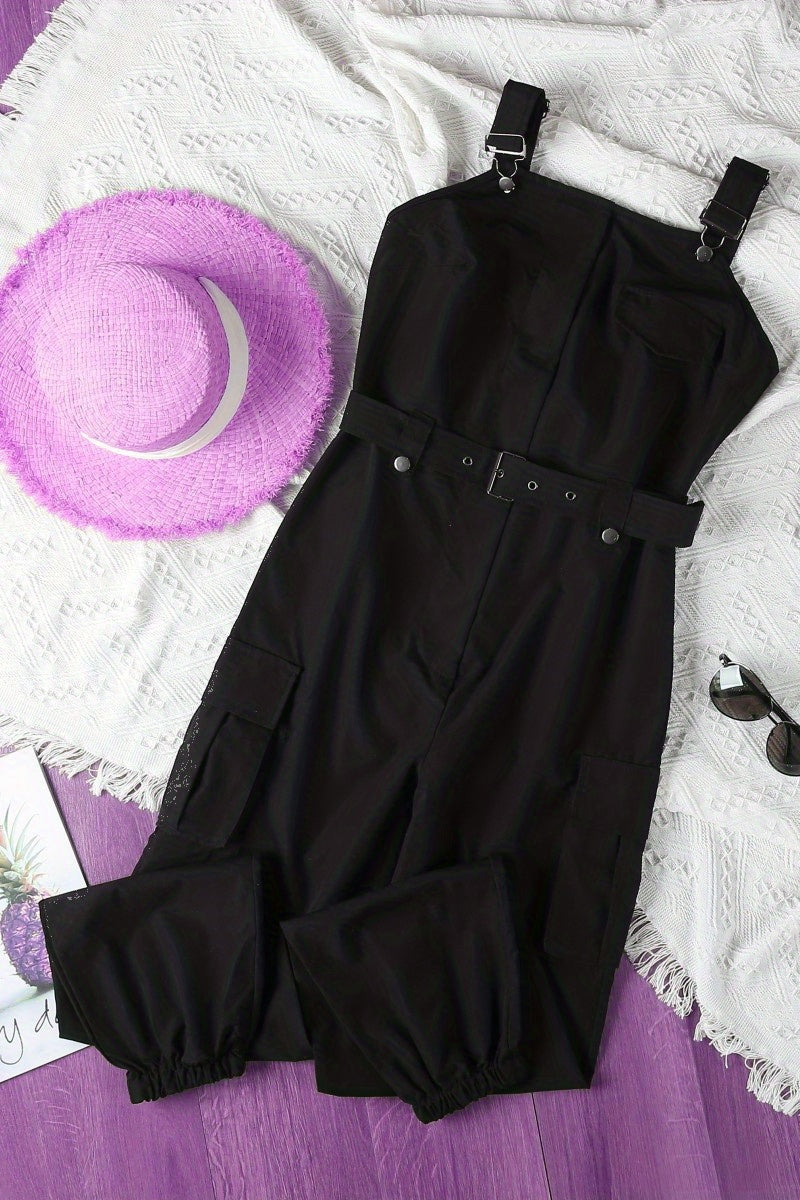 Flap Pockets Belted Overall Jumpsuit, Casual Overall Jumpsuit For Spring & Summer, Women's Clothing